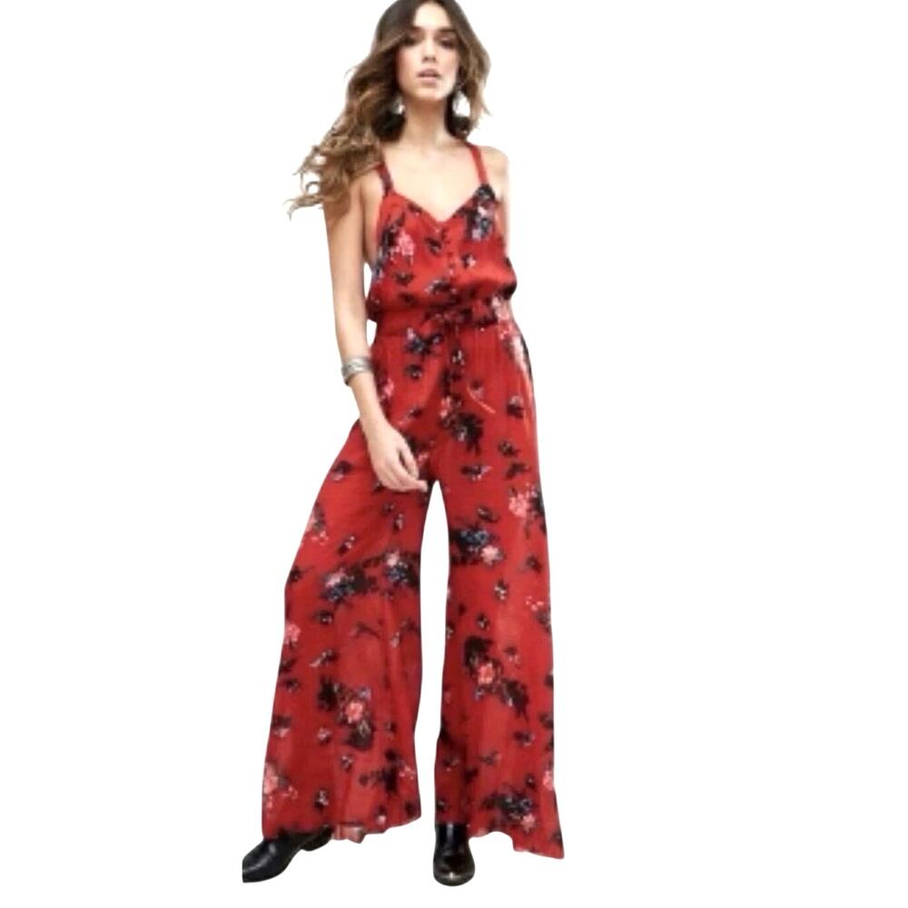FREE PEOPLE ONE Women’s Boho Red and Black Floral Wide Leg Jumpsuit
